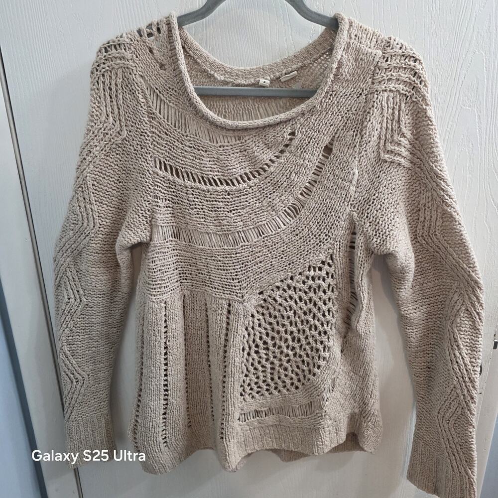 Anthropologie Moth Open Knit Over Sweater Tan Beige Womans L boho preppy comfy
